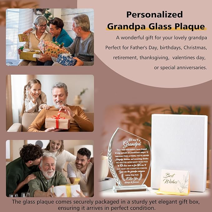 QIANWEI Glass Plaque Birthday Gifts for Grandpa from Grandkids, Best Grandpa Ever Gifts from Granddaughter, To My Grandfather Gifts for Christmas Thanksgiving Fathers Day Retirement