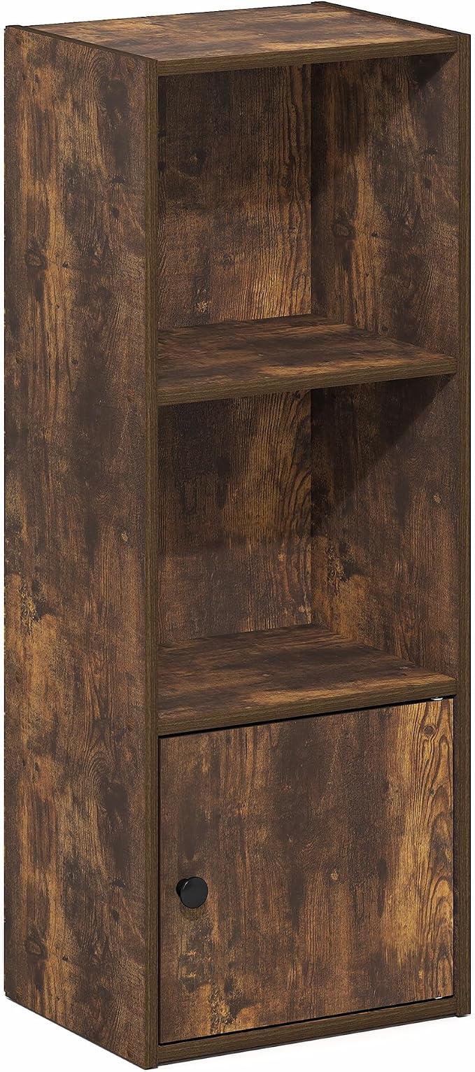 Furinno LUDER Book Shelf, 3-Tier Bookshelf with Open Shelf, Standing Bookcase with 1 Door Cabinet, 9.3 x 12 x 31.5, for Organization and Storage, for Living Room, Bedroom, Home Office, Amber Pine