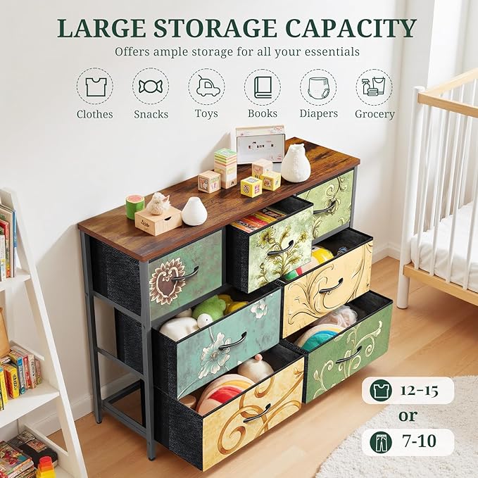7-Drawer Dresser for Bedroom, Anti-Tip Wide Storage Organizer Fabric Chest of Drawers TV Stand for 45" TV with Wooden Top and Metal Frame for Closet, Living Room, Hallway, Entryway, Floral Painted