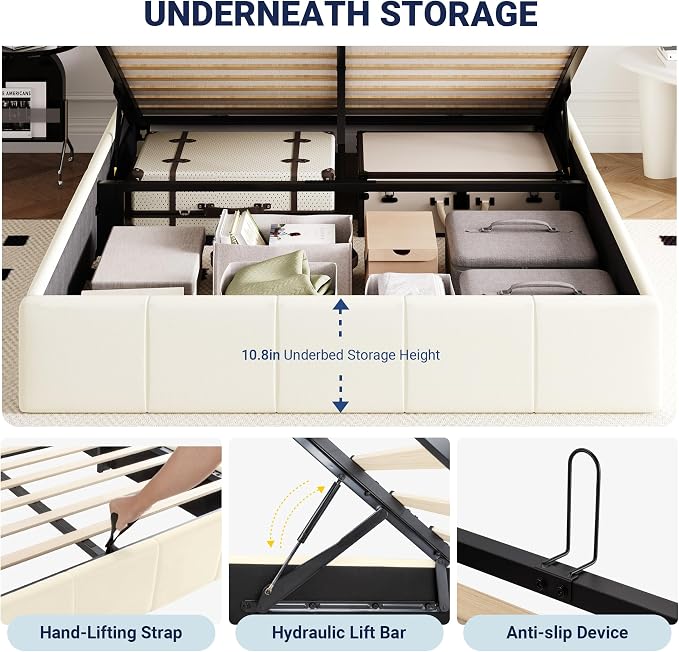 Allewie Queen Size Velvet Lift Up Hydrualic Storage Bed Frame, Cream | Vertical Channel Tufted Headboard, Hydrualic Underneath Storage, Upholstered Platform Bed, No Box Spring Needed