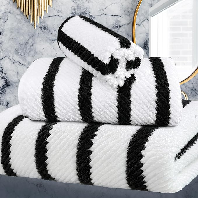VOOVA & MOVAS 3PC Towel Set, 100% Cotton, Black White Dark Tan | 1 Large Bath 30x56 In,1 Hand 18x28 In,1 Wash Cloth 13x13 In, Quick Dry, Soft, Thick, Dorm Room Essentials