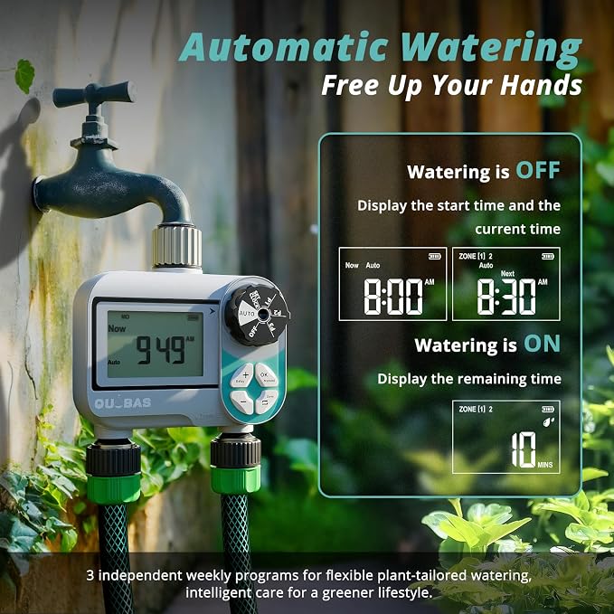 QUOBAS Sprinkler Timer, Weekly Programmable Water Hose Timer for Garden Hose Faucet with Waterproof LCD Screen, Rain Delay/Manual/Automatic Irrigation Watering System for Garden, Lawn, Yard