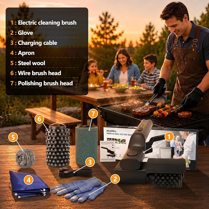 Electric Grill Brush - 24kg Torque High Power Electric Grill Cleaner - 200 Min Runtime - 7-Level Adjustable Angle - Shed - Free Reinforced Bristles Safe for Grill Brush for Outdoor Grill