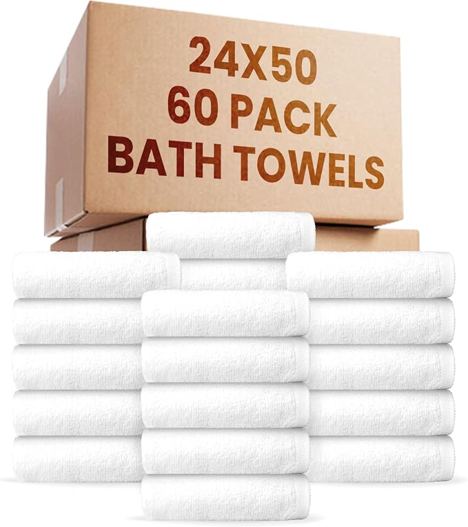 belem Fast Drying Hotel Towels - Pack of 60 (24x50) White Large Bath Towels Bulk - Lightweight Super Absorbing, Soft & Durable Terry Towels for Commercial & Hotel Use - 10.5 lbs/Dozen (010604)