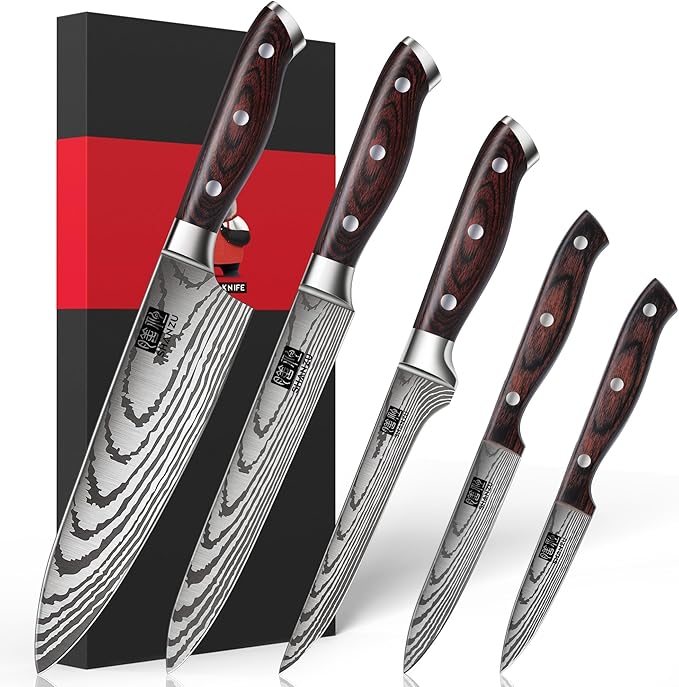 SHAN ZU Japanese Chef Knife Set 5 PCS, High Carbon Stainless Steel | Ultra Sharp Kitchen Knives for cooking, Professional Chef Knife Set with Ergonomic Pakkawood Handle