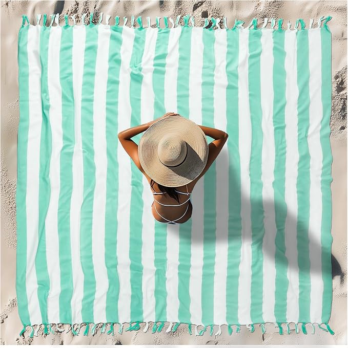 Vikumond Turkish Beach Towel Blanket Oversized 88x82 Inch Quick Dry Aqua | Lightweight Compact Portable Sand Free Absorbent Boho Woven Throw for Pool Swimming Picnic Camping Cruise Outdoor Essentials