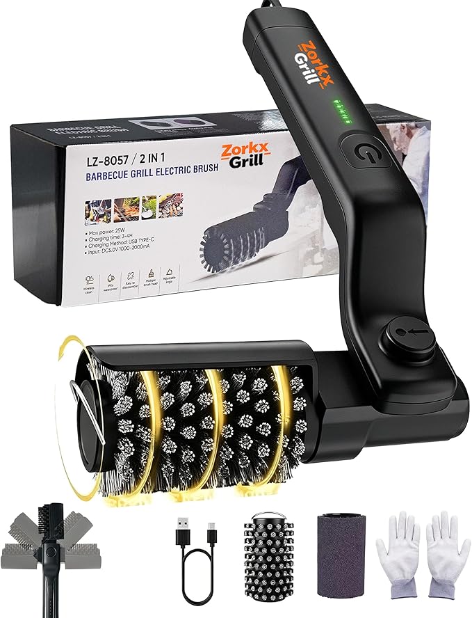Electric Grill Brush, 3-Speed Cordless BBQ Cleaner, 20kg Max Torque, Adjustable Rotary Head, Reinforced Steel Bristles for Stubborn Grease, for Gas Charcoal Smoker Grates (Grill Brush)