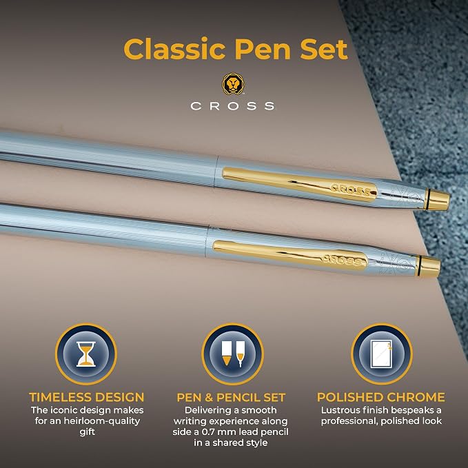 Cross Classic Century Medalist Engraved Ballpoint Pen and Pencil Set, Chrome with 23K Gold Trim, Twist Action, Personalized Gift for Graduation, Retirement, Career Advancement, Cross Gift Box