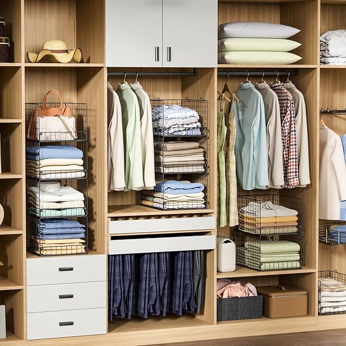 4-Tier Stackable Closet Organizers and Storage Shelves, Foldable Closet Shelf Organizer System, Stackable Storage Bins Drawers for Closet Organizer System, Black(Patent 30022416, 15.7"x11.8"x34.64")