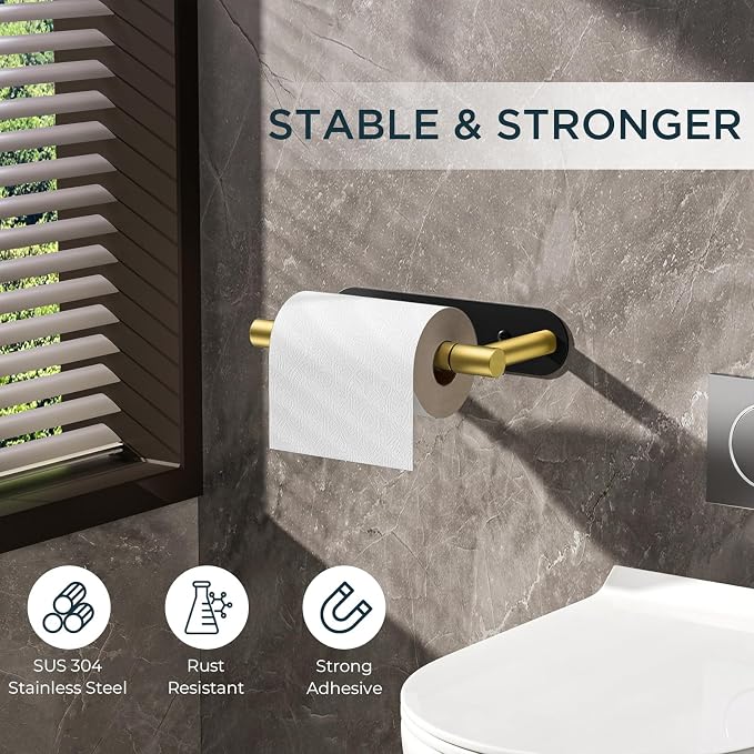 FORIOUS Toilet Paper Holder, Adhesive or Screw Wall Mount Pivoting Tissue Roll Holder, Stainless Steel Self Adhesive Toilet Paper Roll Holder no Drilling (Matte Black & Brushed Gold, Classic)