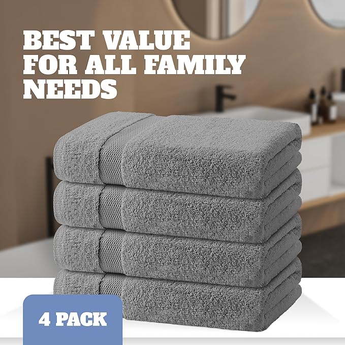 White Classic Light Gray Bath Towels 27x54 Inch, Cotton Towel Set for Bathroom, Hotel, Gym, Spa, Soft Extra Absorbent Quick Dry 4 Pack