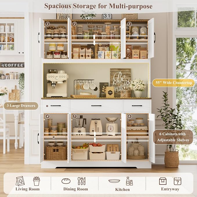 HOSTACK 71" Tall Kitchen Pantry Storage Cabinet, 55" W Kitchen Hutch, White | Large Pantry Cabinet with Charging Station / Countertop / 3 Drawers, Farmhouse Hutch Cabinet with Storage for Dining Room