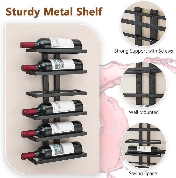 Hoctieon 2-Set 6 Tier Wall Mount Wine Rack (12 Tiers), Wall Racks for Wine Bottles Display and Storage, Hanging Bottle Organizer for Living Room, Dining Room, Wine Cellar, Bar, Black