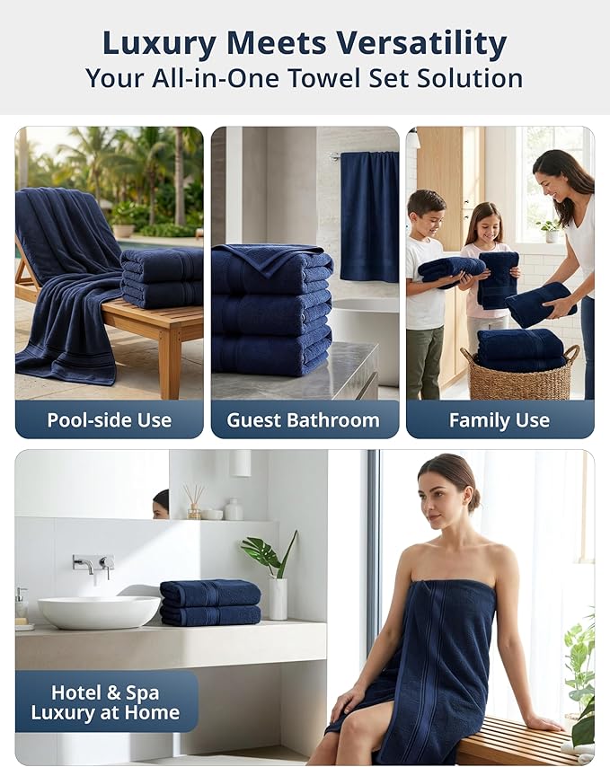 LANE LINEN Bath Sheets - Hotel-Grade Zero Twist Cotton - 4 Piece (35"x66") Oversized Bath Towels Large - Fluffy Cloud-Like Softness & Fade Resistant - Extra absorbent for active households - Navy Blue