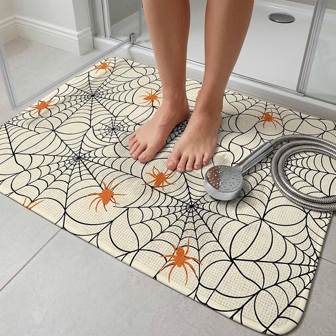 Halloween Washable Area Rugs for Living Room Bedroom, Large Non Slip Indoor Floor Carpet Absorbent Low Pile Orange Black Net Classic Spiders Gingham Door Mat Rugs for Bathroom Entryway 47.2"x63"
