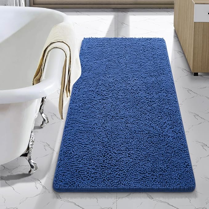 LOCHAS Luxury Bathroom Rug Shaggy Bath Mat 24 x 44 Inch, Blue | Washable Non Slip Bath Rugs for Bathroom Shower, Soft Plush Chenille Absorbent Carpets