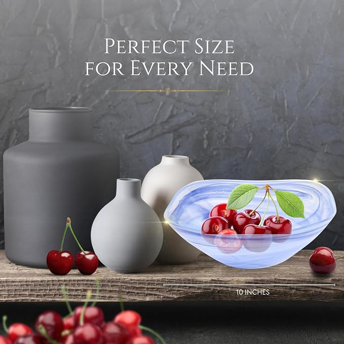 Badash Decorative Glass Serving Bowl, Alabaster Glass Centerpiece Fruit Bowl, Home Décor Table Accent Bowl, 10” Diameter, White & Blue