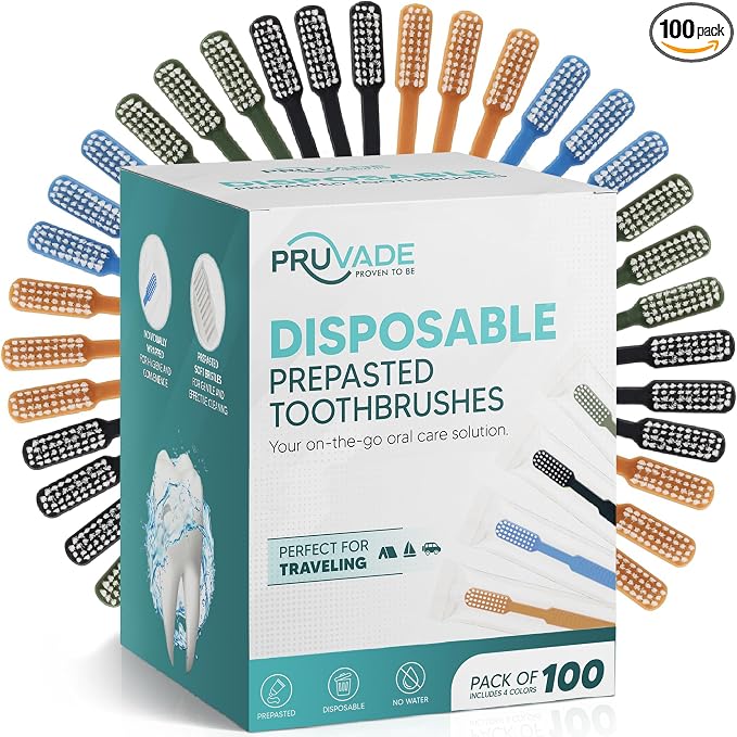 100 Pack Disposable Toothbrushes with Toothpaste - Prepasted Toothbrushes | Pruvade Single Use Waterless Tooth Brush with Soft Bristles for Airbnb, Hotel, Camping, Travel - Individually Wrapped - Mint