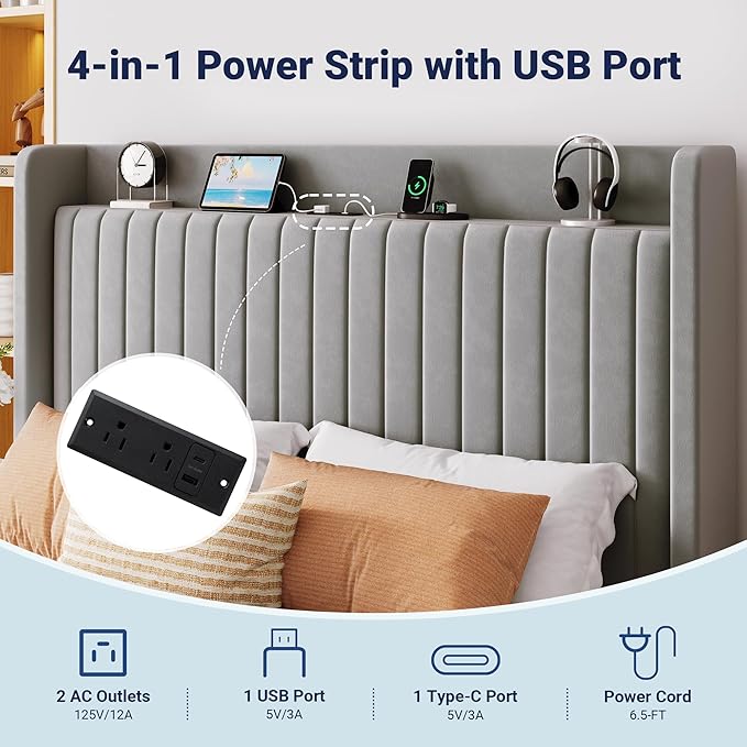 Allewie Full Lift Up Storage Hydraulic Bed Frame,Charging Station,Grey | Storage Shelf Headboard with Charging Station,Type-C,USB Ports,Hydraulic Support,Velvet Upholstered,No Box Spring Needed