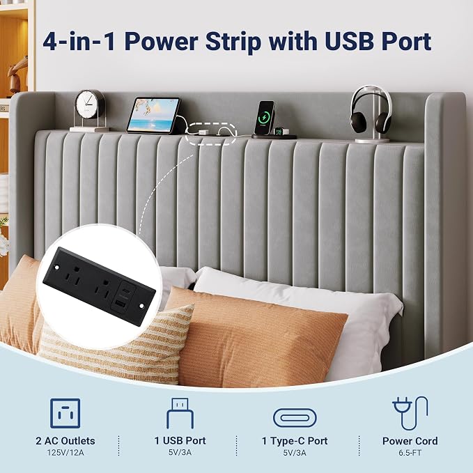 Allewie Queen Lift Up Storage Hydraulic Bed Frame,Charging Station,Grey | Storage Shelf Headboard with Charging Station,Type-C,USB Ports,Hydraulic Support,Velvet Upholstered,No Box Spring Needed