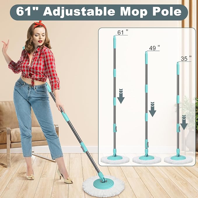 Spin Mop and Bucket System, Mop and Bucket with Wringer Set,Mops for Floor Cleaning,Household Supplies Tools with 6 Replacement Refills,61" Extended Handle for Household Hardwood Floor - Green