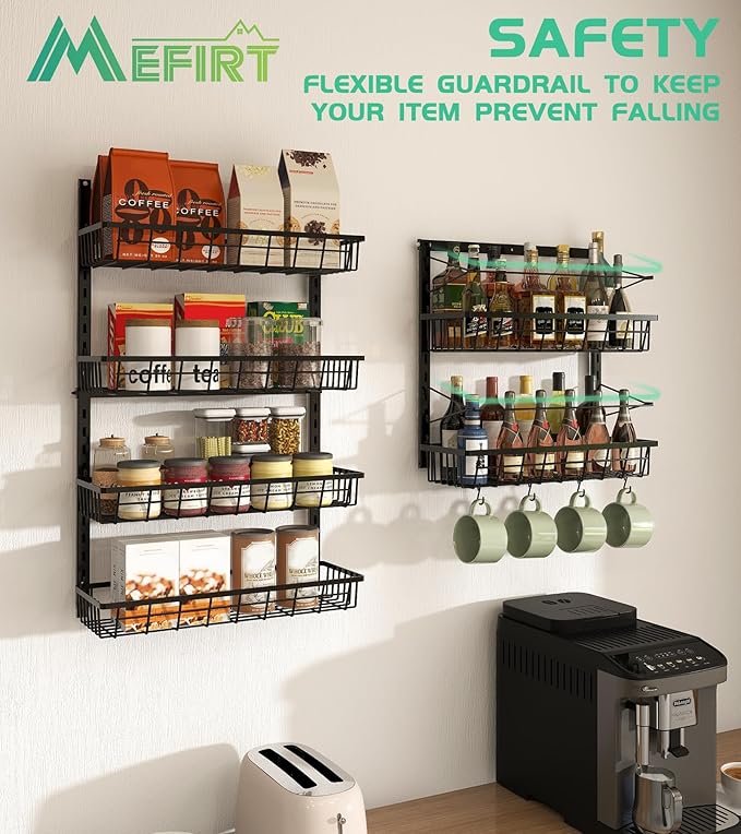 Mefirt Over The Door Pantry Organizer, Pantry Storage and Organization, 6-Tier Adjustable Hanging Baskets, Metal Wall Mount Spice Rack Seasoning Shelves for Home & Kitchen, Laundry Bathroom - Black