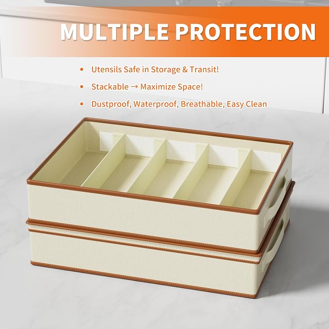 2-Pack Flatware Storage Box, Silverware Organizer with Clear Lid, Ivory | Utensil Storage Case with Adjustable Dividers, Quilted, Stackable, Dual Zippers, Reinforced Handles for Moving and Storage