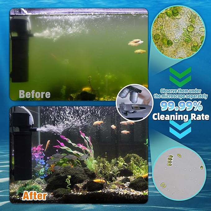 TARARIUM 20-75Gal U-V Aquarium Filter for Fish Turtle Tank, Auto-Timer Bulb | Bio Sponge+U-V Internal Filter, Clear Green Water, Green Killing, Aeration, Deodorize, Salt & Freshwater Crystal Clear,211GPH