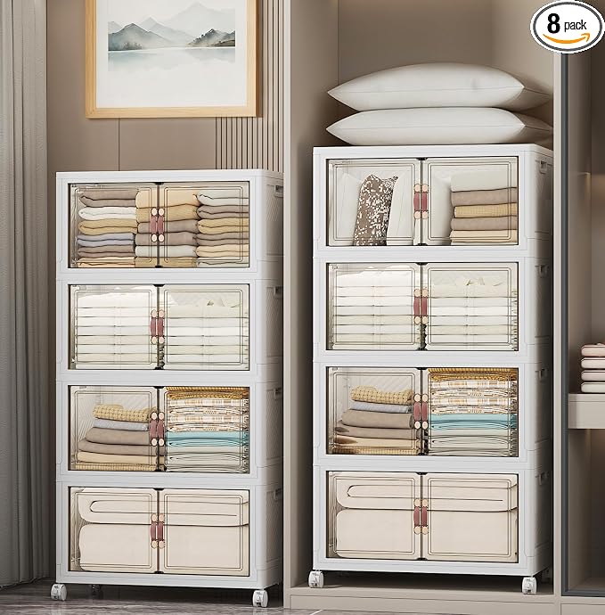 Stackable Storage Bins, 896QT Collapsible Drawers with 2 Lids | Large Capacity, Magnetic Door, Stack Lock, Rolling Wheels, Foldable Design, Organizers and Storage for Bedroom Dorm Garage