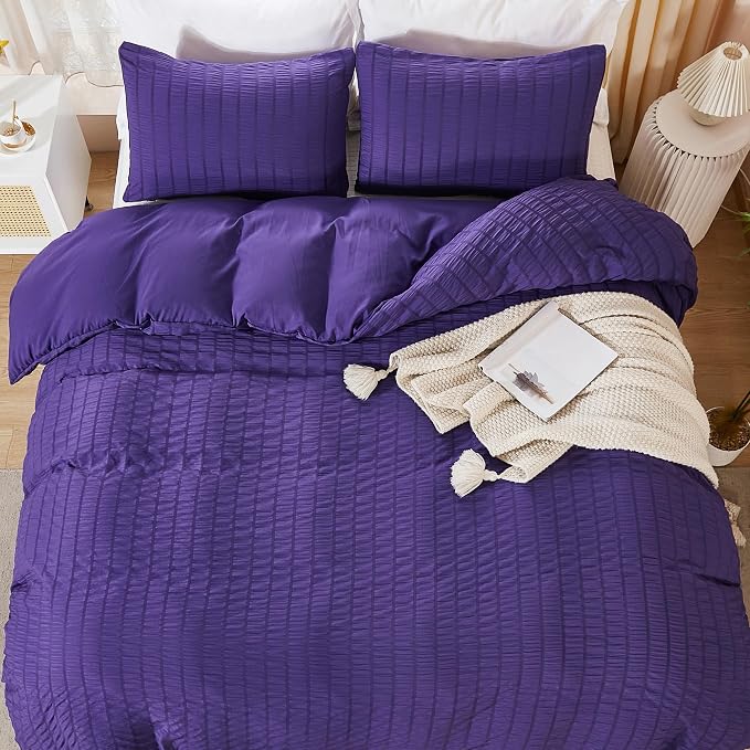 AveLom Seersucker Duvet Cover Set Queen Size (90 x 90 inches), 3 Pieces (1 Duvet Cover, 2 Pillow Cases), Dark Purple Ultra Soft Washed Microfiber, Textured Duvet Cover with Zipper Closure, Corner Ties