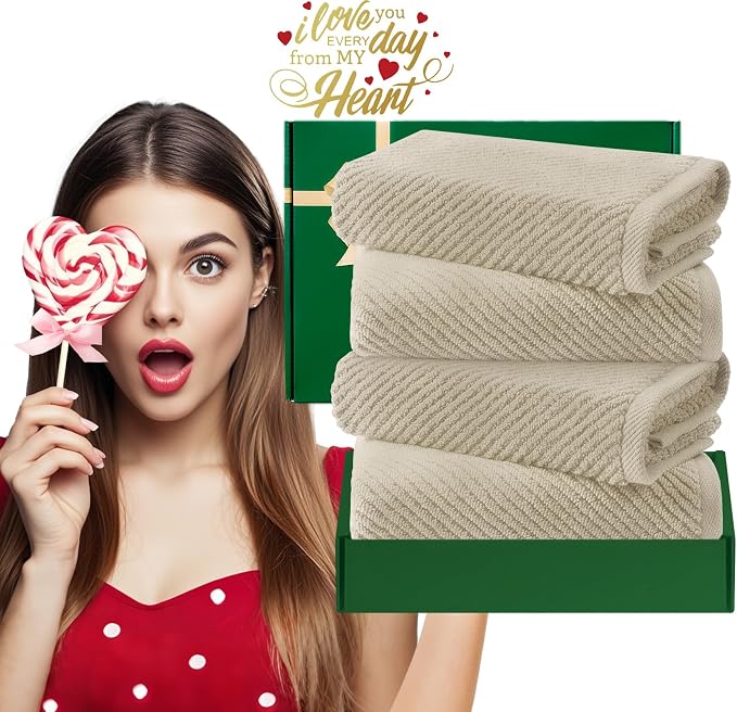 VOOVA & MOVAS Hand Towels 4PC, 100% Cotton, 18x28 in, Tan Taupe | Thick, Quick Dry, Soft, Absorb, Bathroom Essentials, Perfect For Shower, Gym, Daily Household