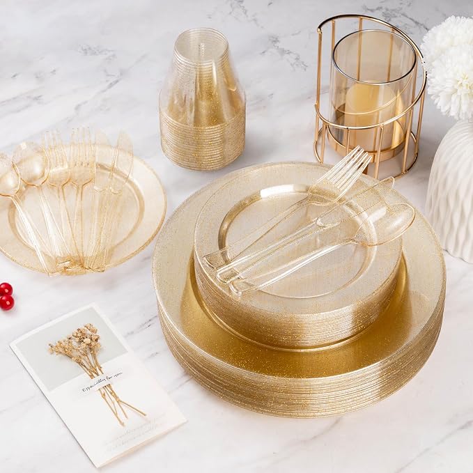 Goodluck 300 Piece Gold Glitter Disposable Plates for 50 Guests, Plastic Plates for Party, Wedding, Dinnerware Set of 50 Dinner Plates, 50 Salad Plates, 50 Spoons, 50 Forks, 50 Knives, 50 Cups