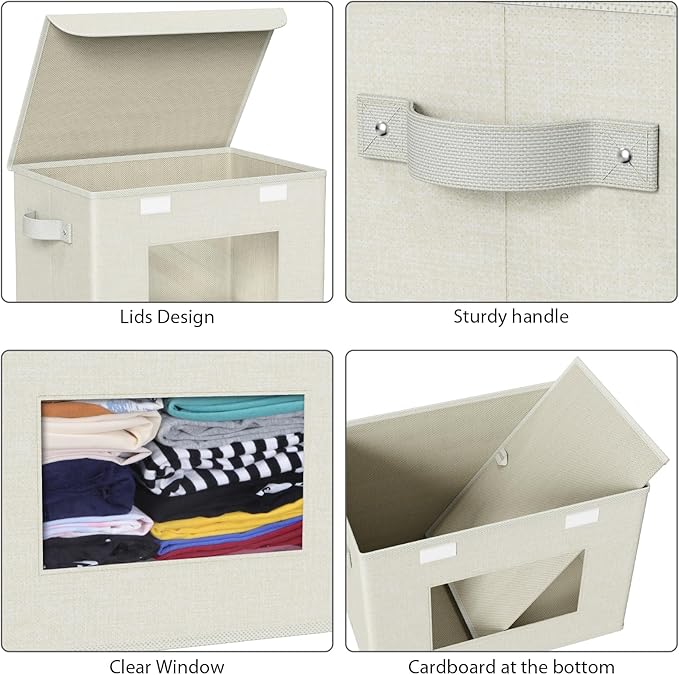 Univivi Fabric Foldable Storage Boxes with Lids [4-Pack] Collapsible Storage Bins for Clothes Closet Organizers with Handles Storage Cube Basket for Home, Office, Bedroom (Beige, 17"" x 12"" x 12"")