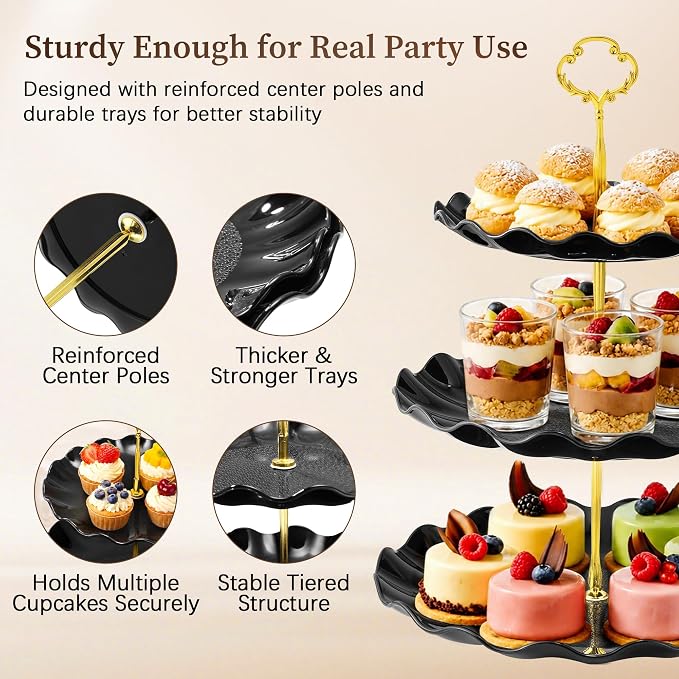 Black Gold Dessert Stand Set 13PCS, 6 Tiered Cupcake Display Towers with 4 Serving Trays and 3 Tongs, Round & Square Dessert Holders for Wedding Birthday Graduation Baby Shower Decor