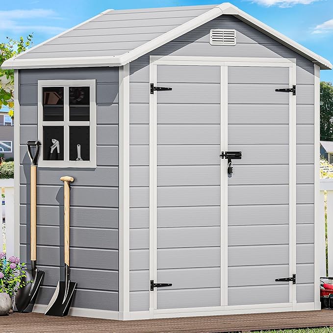 DWVO 6x4.4 FT Resin Storage Shed with Reinforced Floor, Outdoor Storage Shed with Lockable Door, Window and Vents, Waterproof Plastic Tool Shed for Garden, Backyard, Patio, Lawn