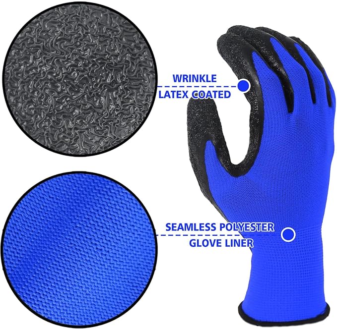 Evridwear Crinkle Latex Rubber Hand Coated Safety Work Gloves for Men Women General Multi Use Construction Warehouse Gardening Assembly Landscaping,Large Blue 120 Pairs Pack