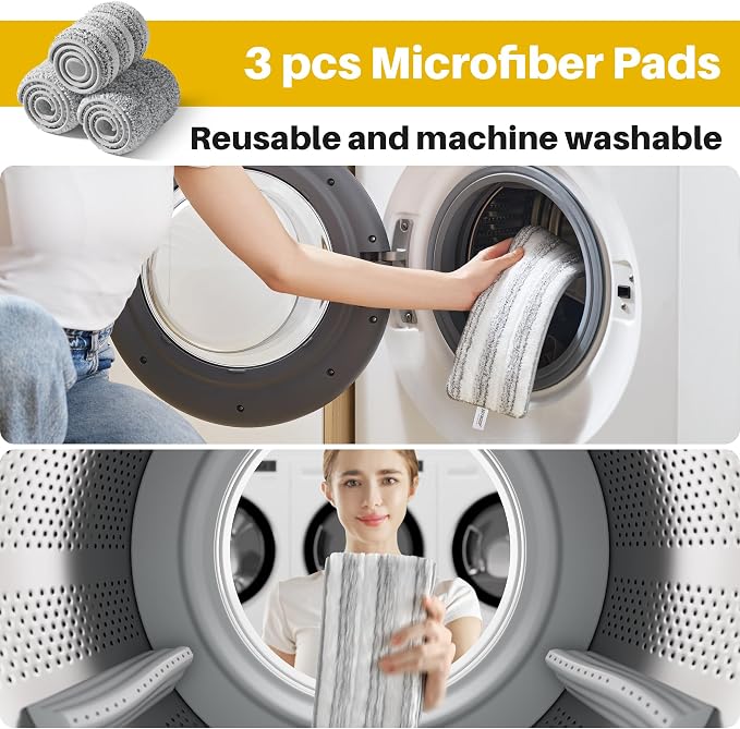 JOYMOOP Industrial Mop and Bucket Set, 17.7-inch Dust Mops for Floor Cleaning, Flat Mop Bucket with Wringer, Include 3 Reusable Microfiber Mop Pads - Yellow