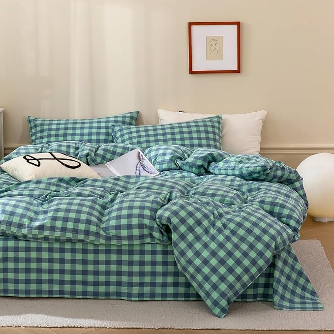 mixinni Green Gingham Grid Duvet Cover King, 100% Washed Cotton Modern Geometric Bedding Set with 2 Pillowcases, Farmhouse Style Blue Plaid Comforter Cover Set for Men & Women, Soft & Lightweight