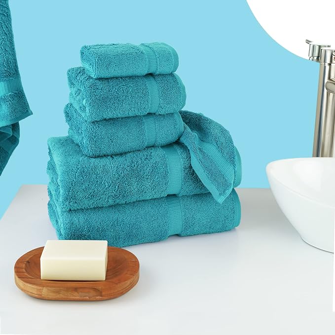 Chakir Turkish Linens 6 Piece Towels Set, 100% Cotton Luxury Turkish Towels for Bathroom, Soft Absorbent Bath Towel Set with 2 Bath Towels 2 Hand Towels 2 Washcloths, Aqua