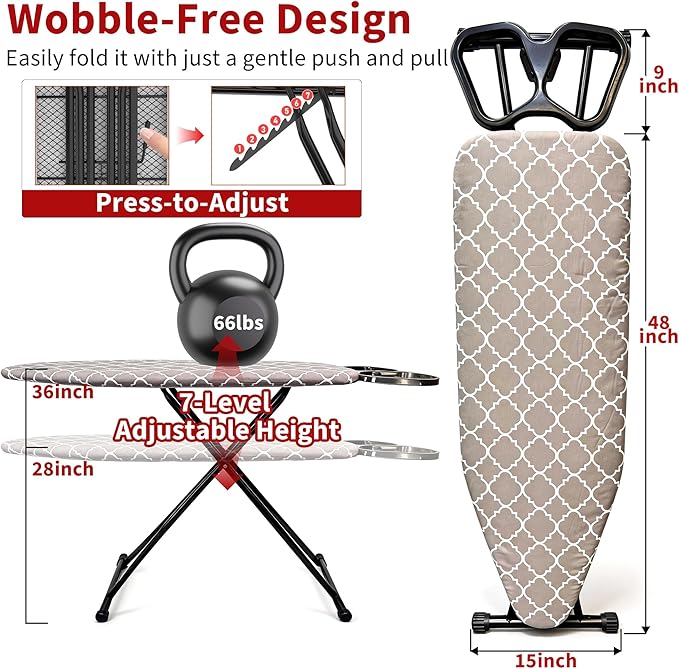 Ironing Board, 48"×15" with Iron Rest, 7 Adjustable Height 4 Layer & Sturdy | Extra Large Iron Board, Heat Resistant Cover and Pad for Home Apartment Dorm Laundry Room, Gray