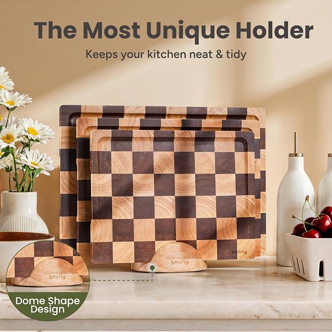 SMIRLY Cutting Board for Kitchen, 3 Pcs Rubberwood Cutting Board with Stand | Non Toxic Checkered Cutting Board with Juice Grooves and Handles, Multiple Sizes Wood Chopping Boards for Meal Prep