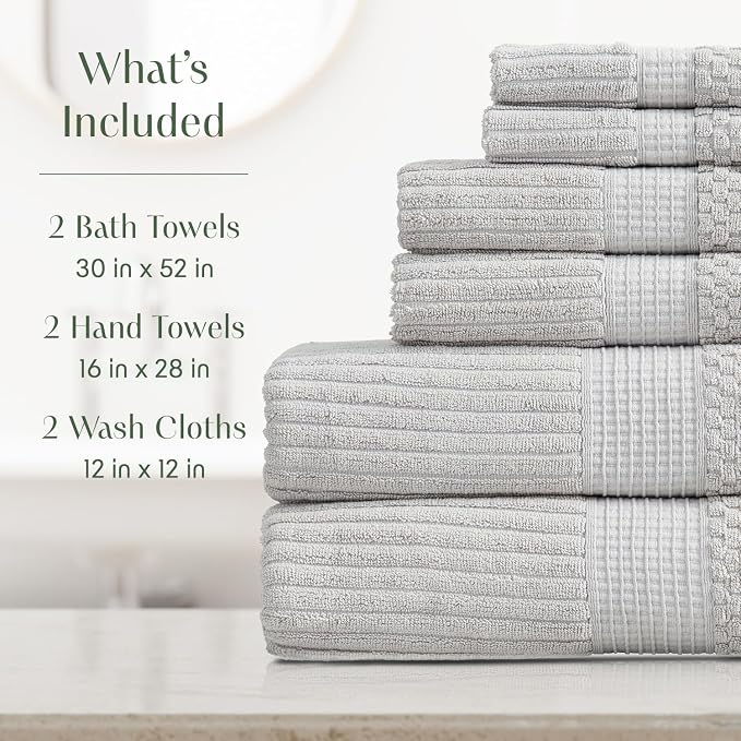 Springtree Home 100% Cotton Bath Towel Set | 6-Piece Set | Textured | Grey | Absorbent & Quick-Dry Bathroom Towels | Textured and Durable Cotton Towels for Bathroom | OEKO-TEX | Krista Collection