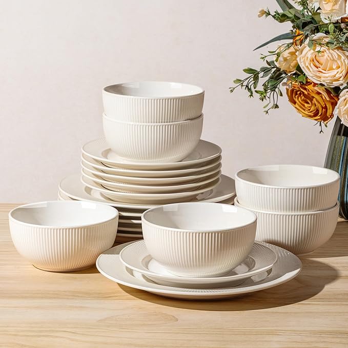 TheTerra Ceramic Dinnerware Sets for 6, 18 Pieces Porcelain Lightweight Plates and Bowls Sets, Scratch Resistant Dish Set, Oven, Microwave & Dishwasher Safe, Cream White