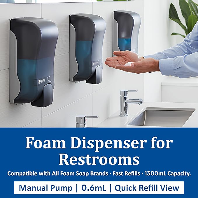 San Jamar Manual Soap Dispenser – 1300 mL Capacity Liquid Dispenser for Bulk Foaming Soaps, Wall Mount, Refillable with Transparent Reservoir Easy Push Bar for Commercial or Office Use, Black Pearl