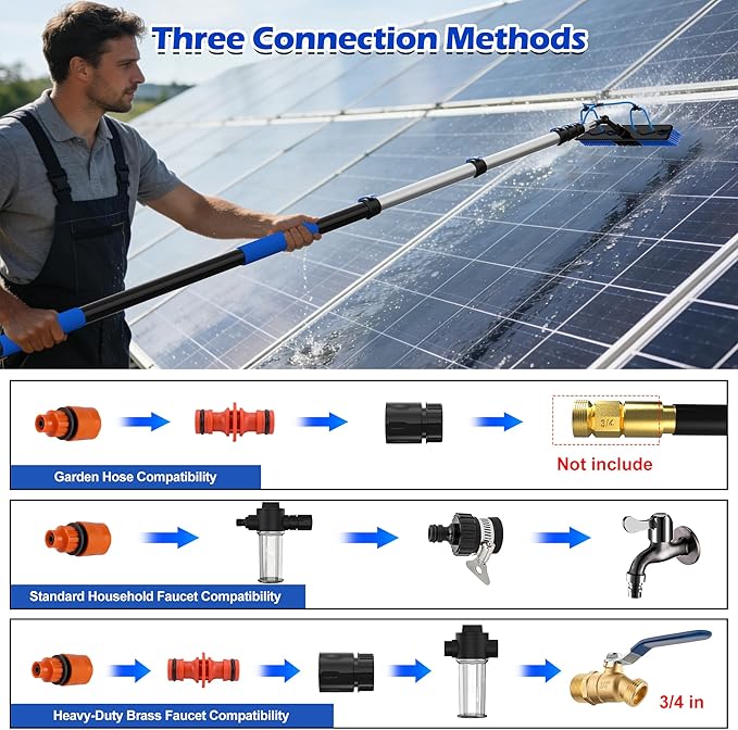 5-20FT Solar Panel Cleaning Brush Kit - Telescopic Pole with Dual Action Flip-Lock & Screw Fixing, Water Flow & Soap Dispenser, Ideal for Snow Removal, Windows, Boats, RVs, Decks