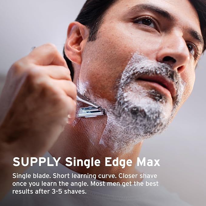 SUPPLY Single Edge Max Shaving Starter Kit for Men – Includes Safety Razor in Jet Black, 8 Black Label Blade Refills and Shaving Cream 3.4 oz & Post Shave Lotion 2 oz in Sandalwood & Cedar