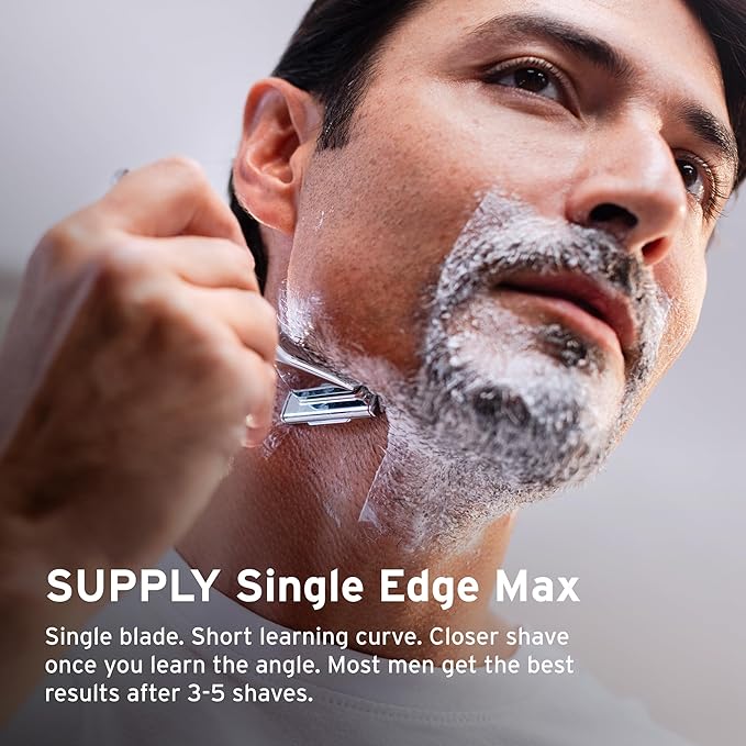 SUPPLY Single Edge Max Razor for Men – Premium Metal Single-Blade Safety Razor with Pivoting Head for Fewer Cuts and Irritation – Includes 8 Blades & Magnetic Reload System – Sterling