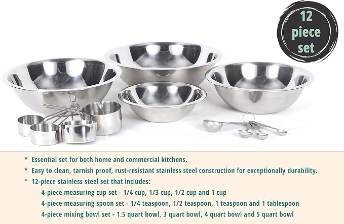 CucinaPrime Stainless Steel Mixing Set Mixing Bowls (1.5, 3, 4, and 5 Quart) Measuring Cups and Measuring Spoons