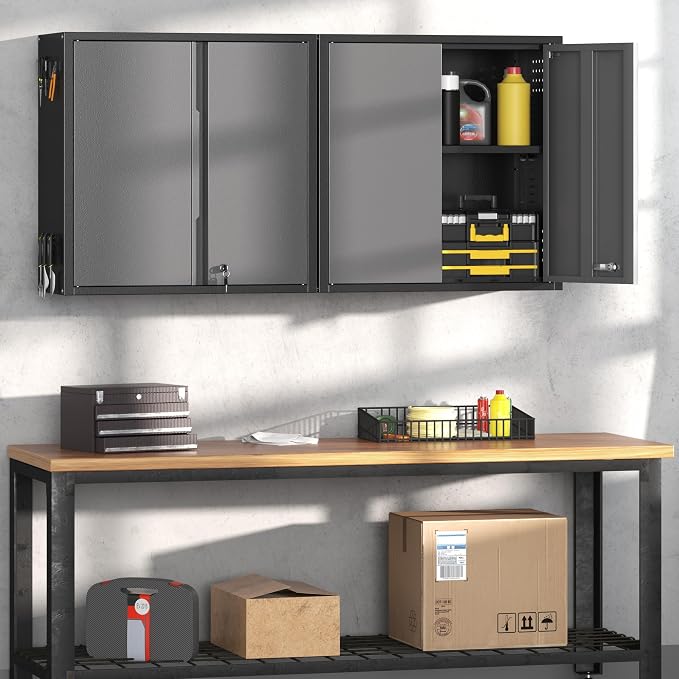 Coolsun Garage Wall Cabinet, 26" H Metal Wall Cabinet with Lockable Doors and Adjustable Shelf, Wall Mounted Metal Storage Cabinets for Garage Assembly Required (26" H Black Gray)