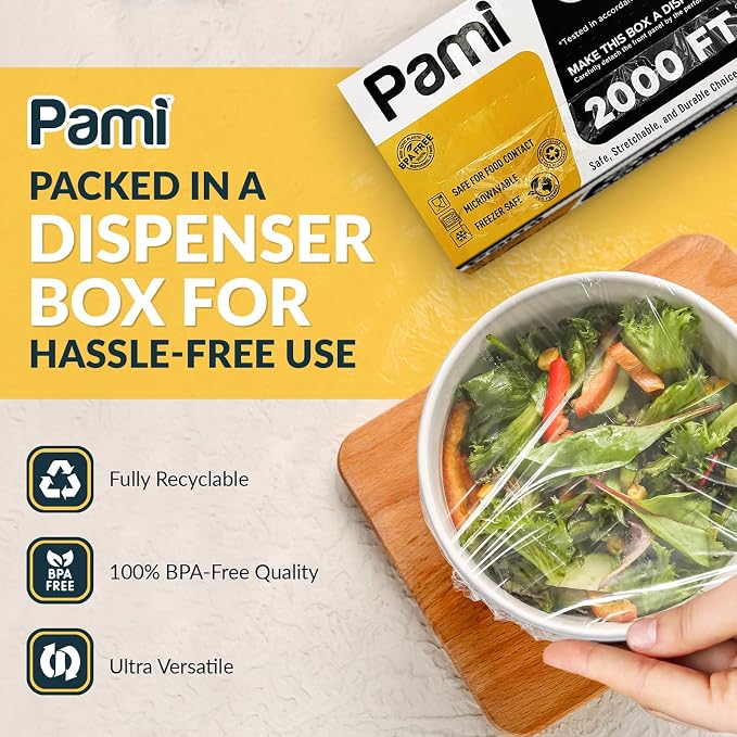 PAMI Plastic Food Wrap 18” x 2000 FT with Slide Cutter – Safe Cling Stretch Film, BPA Free, Microwave & Freezer Safe, Durable Food Storage Wrap for Home & Commercial Use